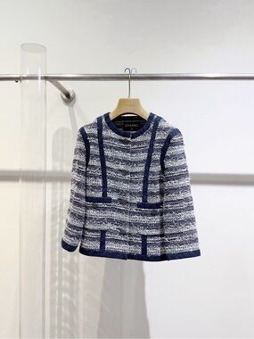 CHANEL Navy, White & Pink Bouclé Jacket with Star CC Button